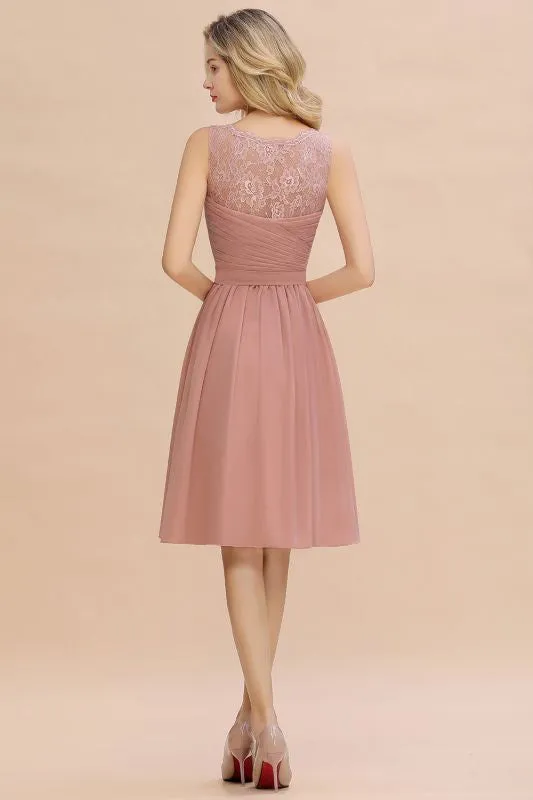 Modest Ruffle Chiffon Knee Length Bridesmaid Dress Sleeveless Floral Lace Aline Homecoming Dress