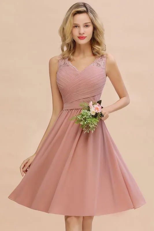 Modest Ruffle Chiffon Knee Length Bridesmaid Dress Sleeveless Floral Lace Aline Homecoming Dress