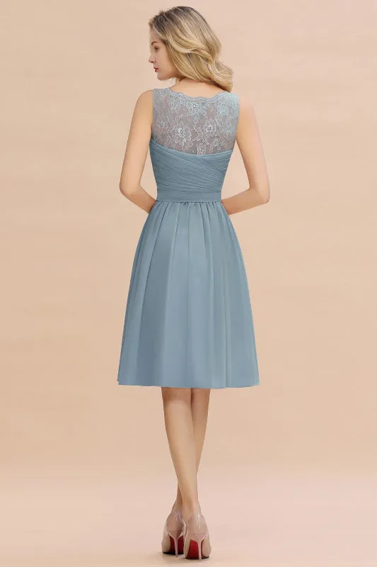 Modest Ruffle Chiffon Knee Length Bridesmaid Dress Sleeveless Floral Lace Aline Homecoming Dress