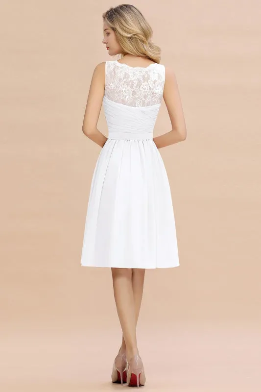 Modest Ruffle Chiffon Knee Length Bridesmaid Dress Sleeveless Floral Lace Aline Homecoming Dress