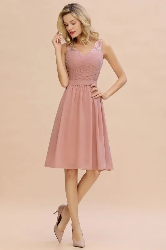 Modest Ruffle Chiffon Knee Length Bridesmaid Dress Sleeveless Floral Lace Aline Homecoming Dress