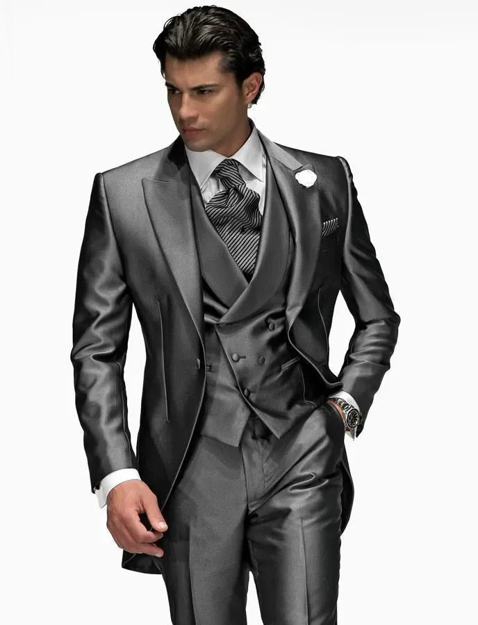 Morning Style Charcoal Grey Tailcoat Groom Tuxedos Handsome Men Wedding Wear High Quality Men Formal Prom Party Suit(Jacket Pants Tie Vest)