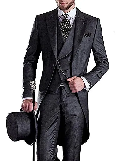 Morning Style Charcoal Grey Tailcoat Groom Tuxedos Handsome Men Wedding Wear High Quality Men Formal Prom Party Suit(Jacket Pants Tie Vest)