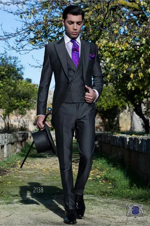 Morning Style Charcoal Grey Tailcoat Groom Tuxedos Handsome Men Wedding Wear High Quality Men Formal Prom Party Suit(Jacket Pants Tie Vest)