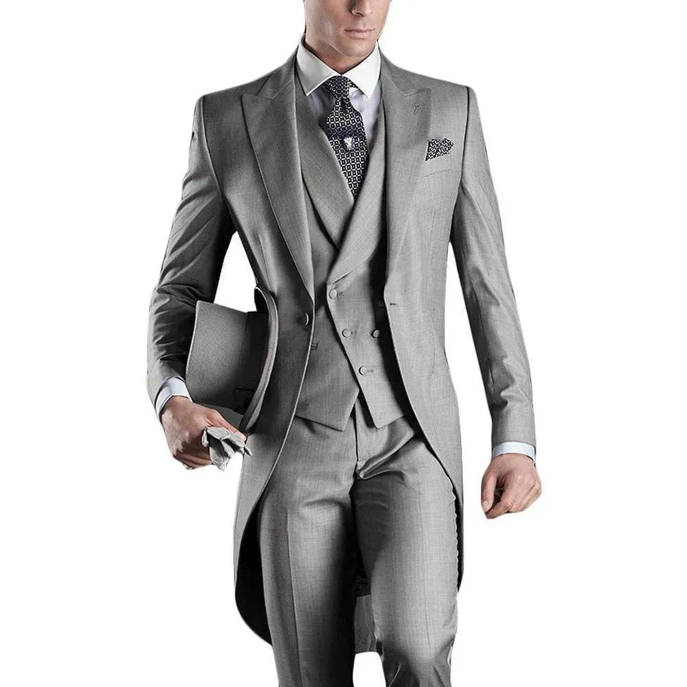 Morning Style Charcoal Grey Tailcoat Groom Tuxedos Handsome Men Wedding Wear High Quality Men Formal Prom Party Suit(Jacket Pants Tie Vest)