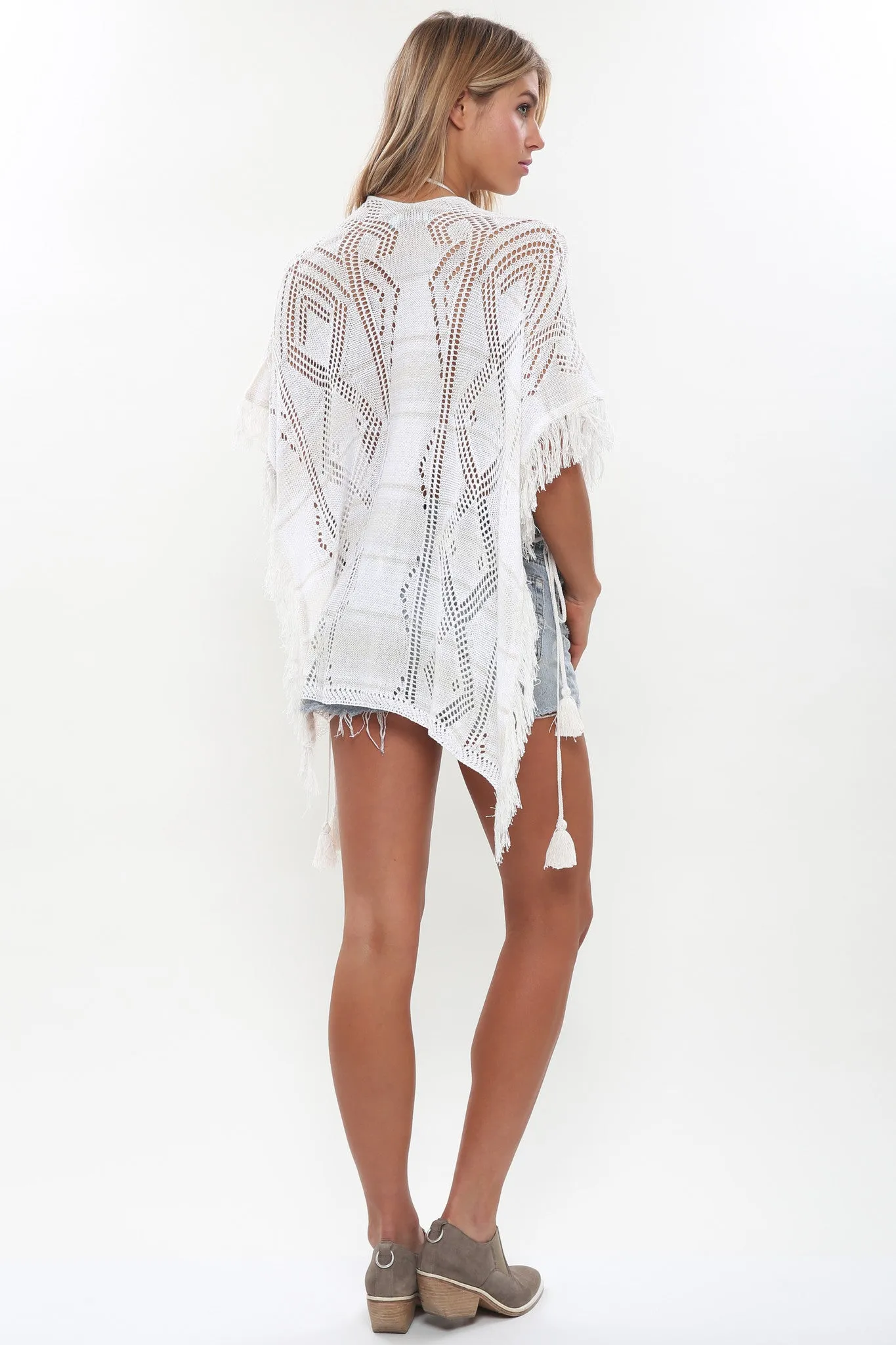 Naila Fringe Poncho Top in Bleached