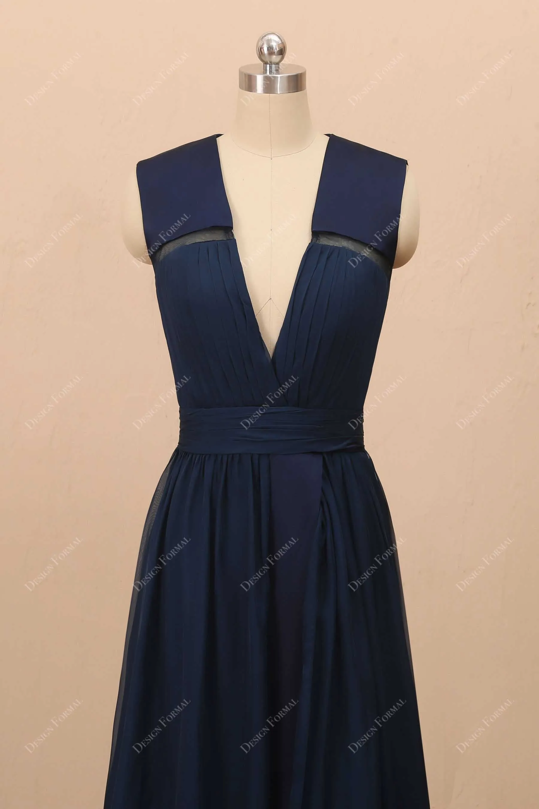 Navy Chiffon V-neck  Elegant Long A-line Slit Formal Dress