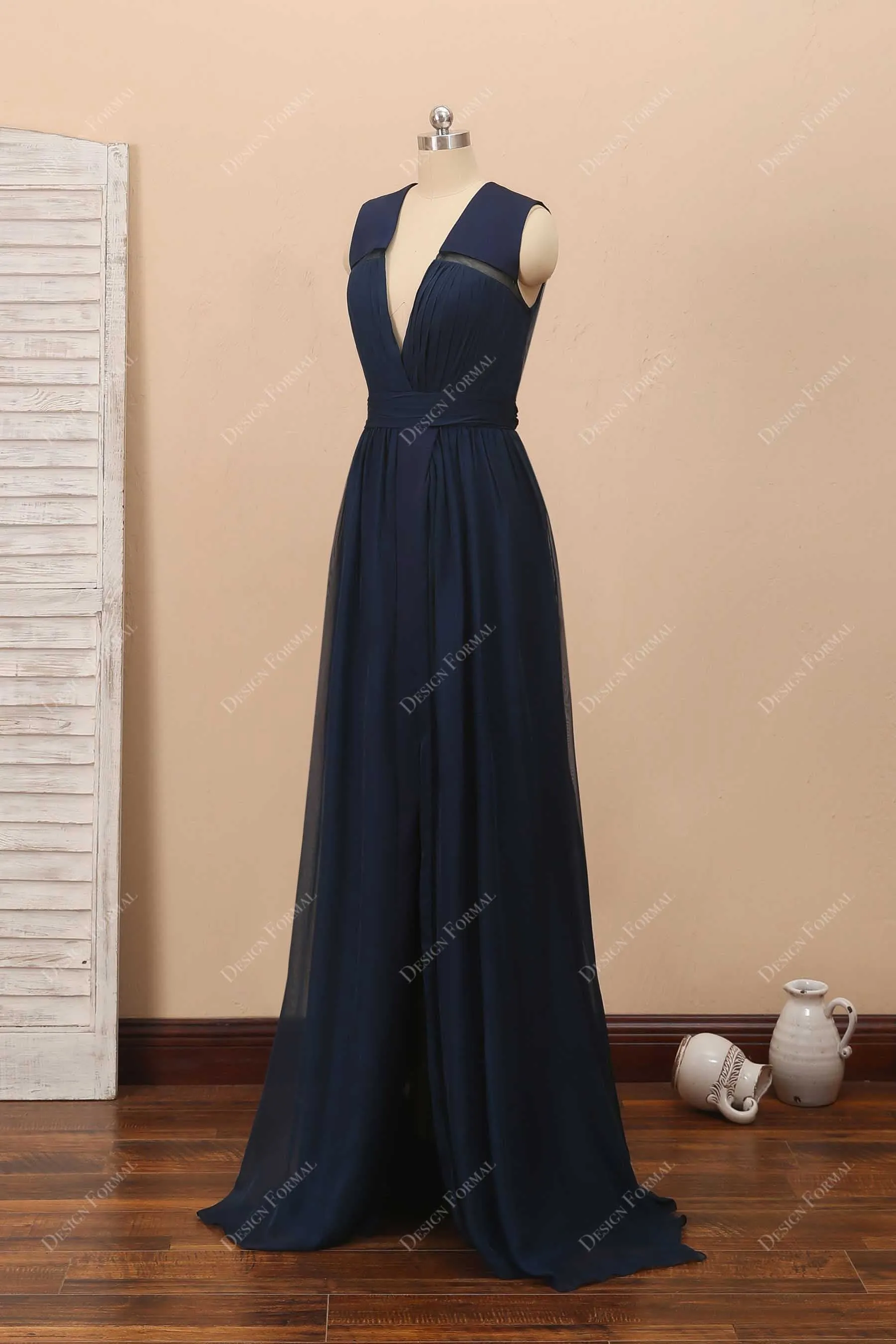 Navy Chiffon V-neck  Elegant Long A-line Slit Formal Dress