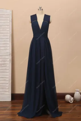 Navy Chiffon V-neck  Elegant Long A-line Slit Formal Dress