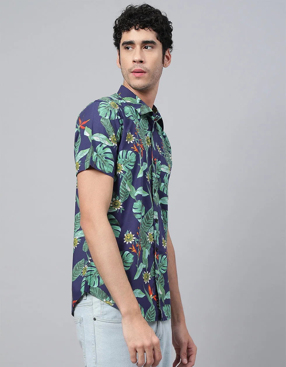 Navy Floral Printed Casual Shirt