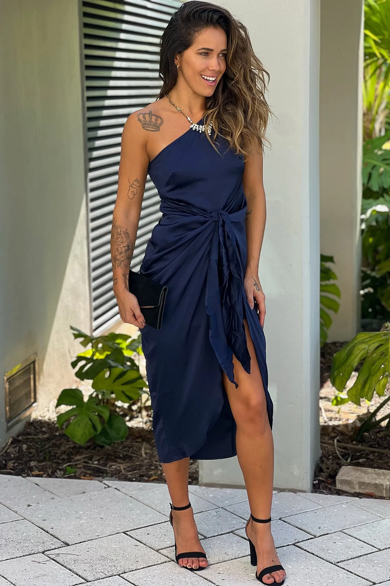 Navy One Shoulder Midi Dress