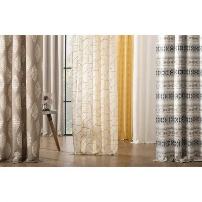 New - 1pc 50"x95" Light Filtering Jigsaw Embroidery Linen Blend Window Curtain Panel Gold/Linen - Archaeo