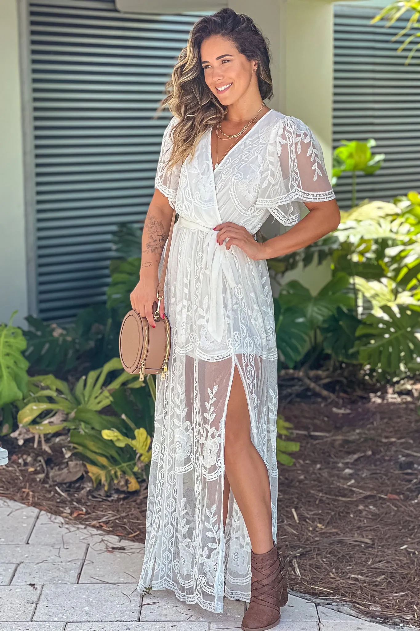 Off White Lace Maxi Dress With Slit And Tie Waist