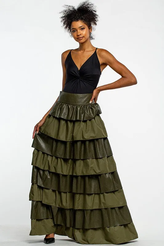 Olive Faux Leather Layered Maxi Skirt With Ruffles