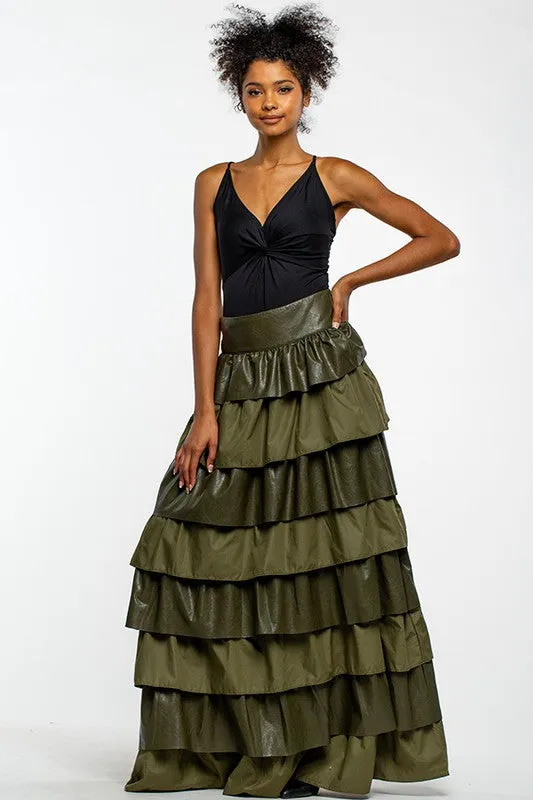 Olive Faux Leather Layered Maxi Skirt With Ruffles