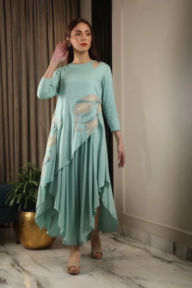 Omana by Ranjan Bothra's Powder Blue Modal Satin Layered Dress - Rent