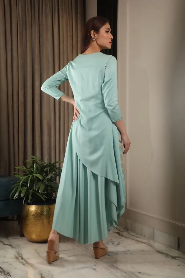 Omana by Ranjan Bothra's Powder Blue Modal Satin Layered Dress - Rent