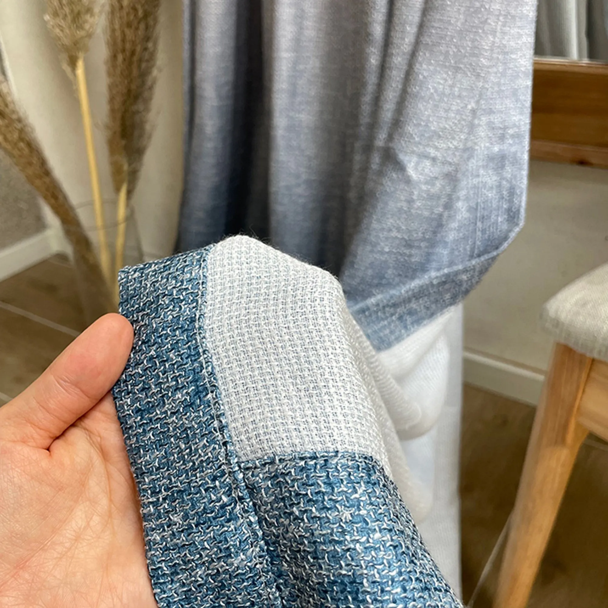 Ombre Blue Two Tones Fabric Linen  Window Curtains Drapery