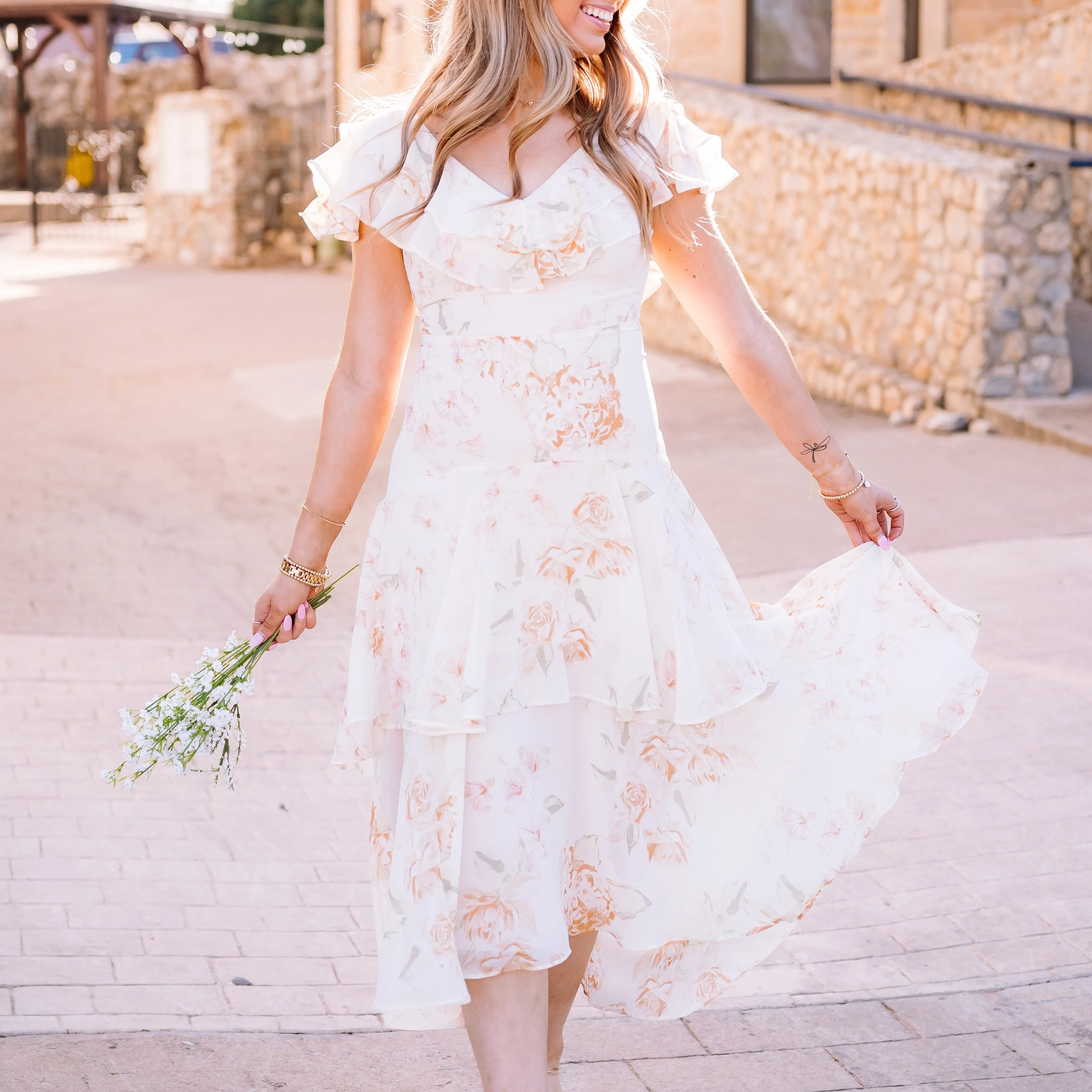 Once Upon A Time Ruffle Tiered Floral Ivory Midi Dress