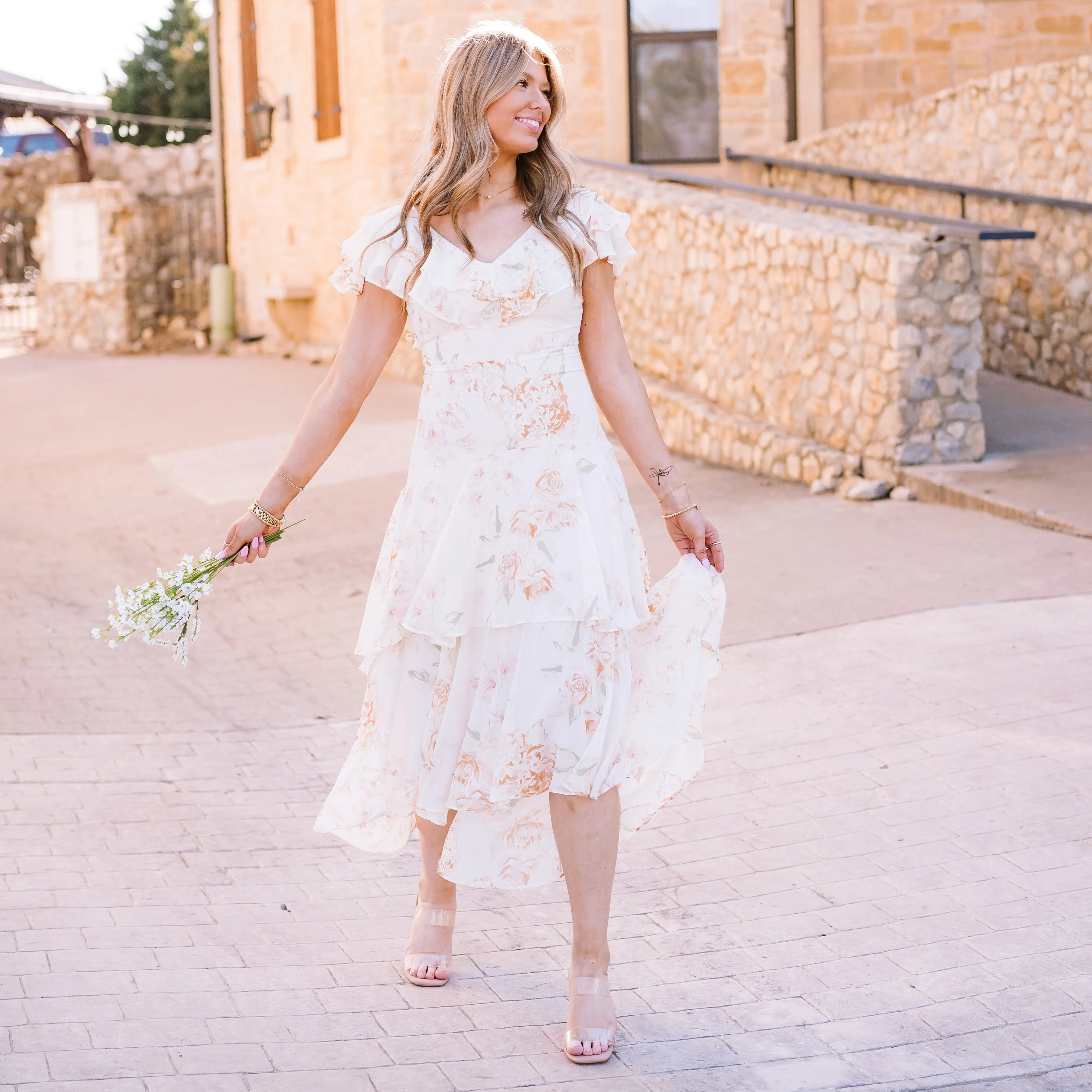 Once Upon A Time Ruffle Tiered Floral Ivory Midi Dress