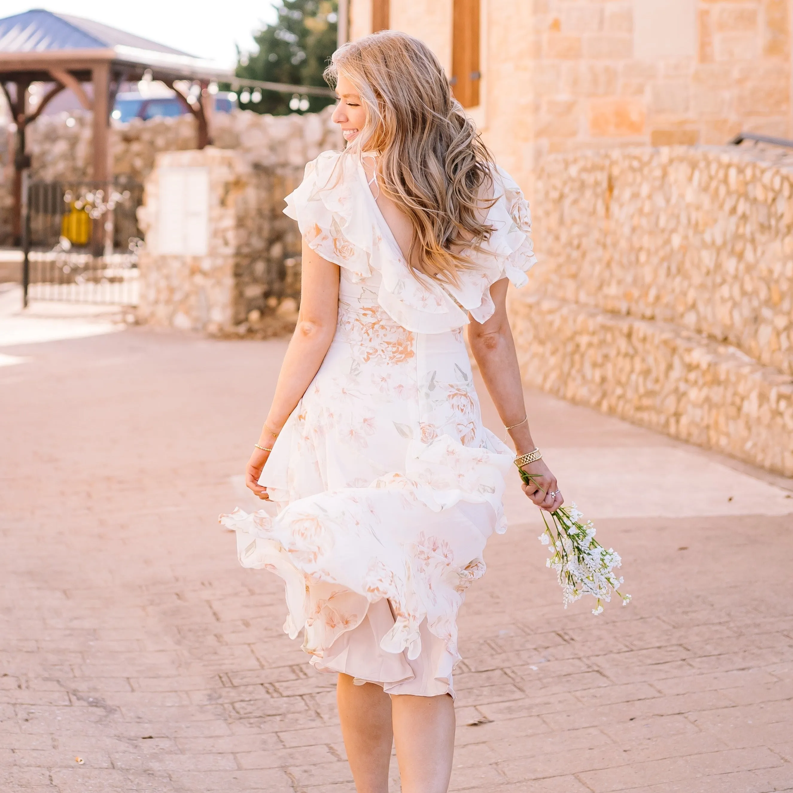 Once Upon A Time Ruffle Tiered Floral Ivory Midi Dress