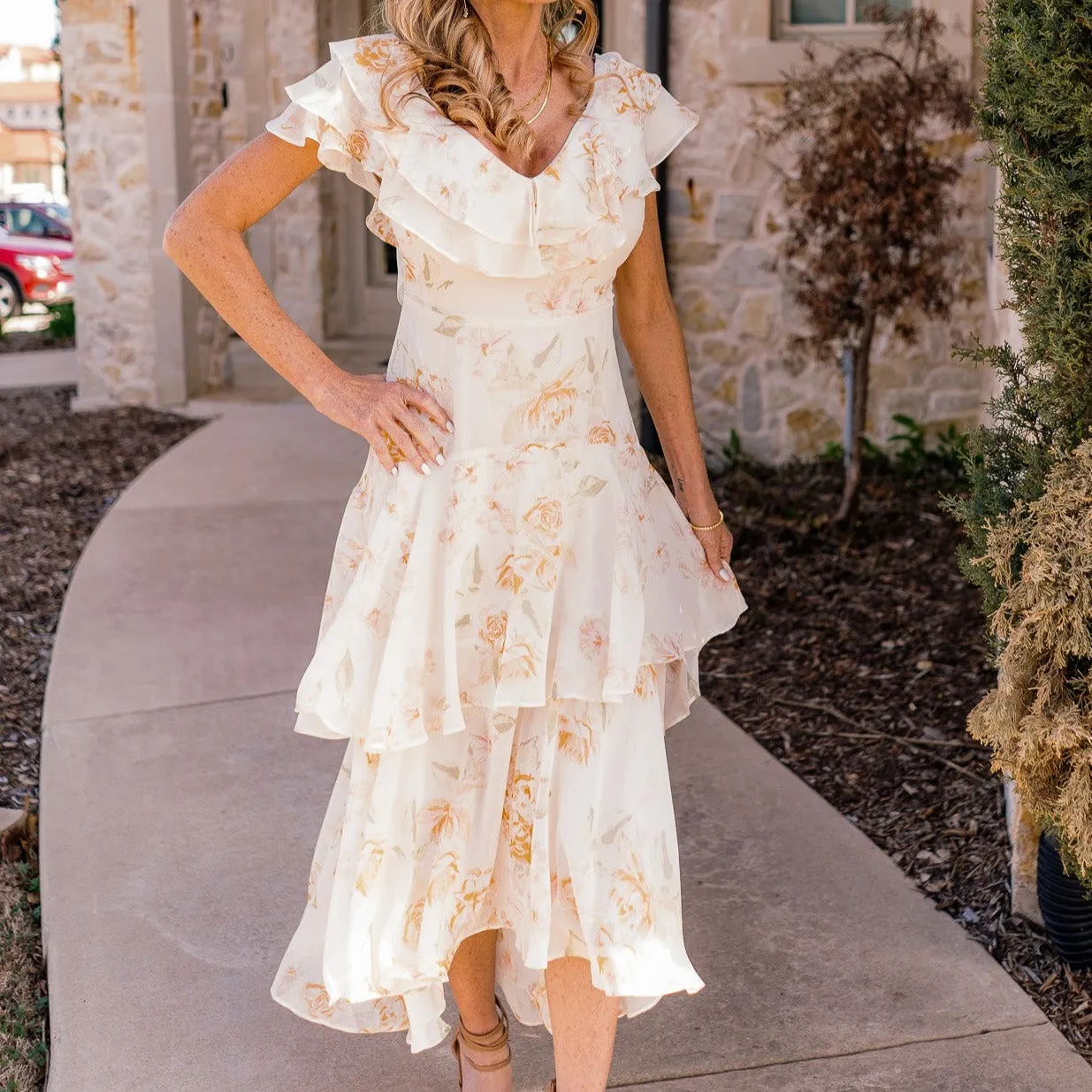 Once Upon A Time Ruffle Tiered Floral Ivory Midi Dress