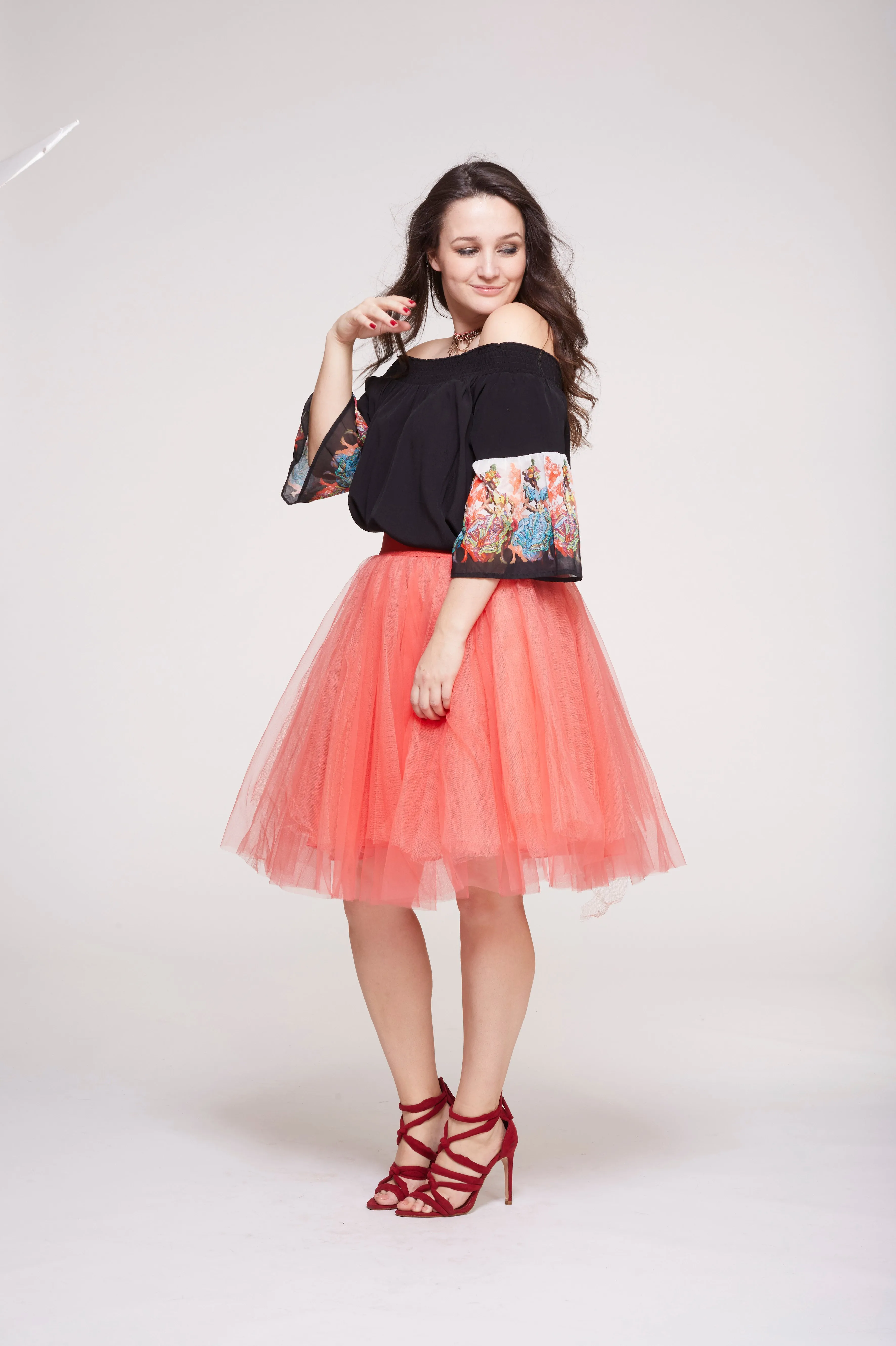 Over the Knee Coral Tulle Skirt