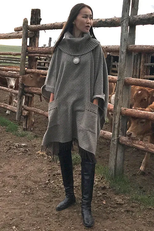 Oversized roll neck Wool Poncho in Beige, turtle neck pullover tunic