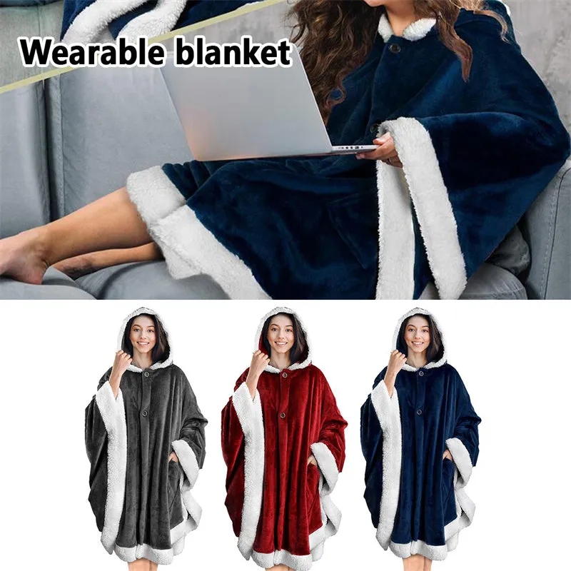 Oversized Wearable Hooded Blanket Soft Plush Sweatshirt with Pockets for Women