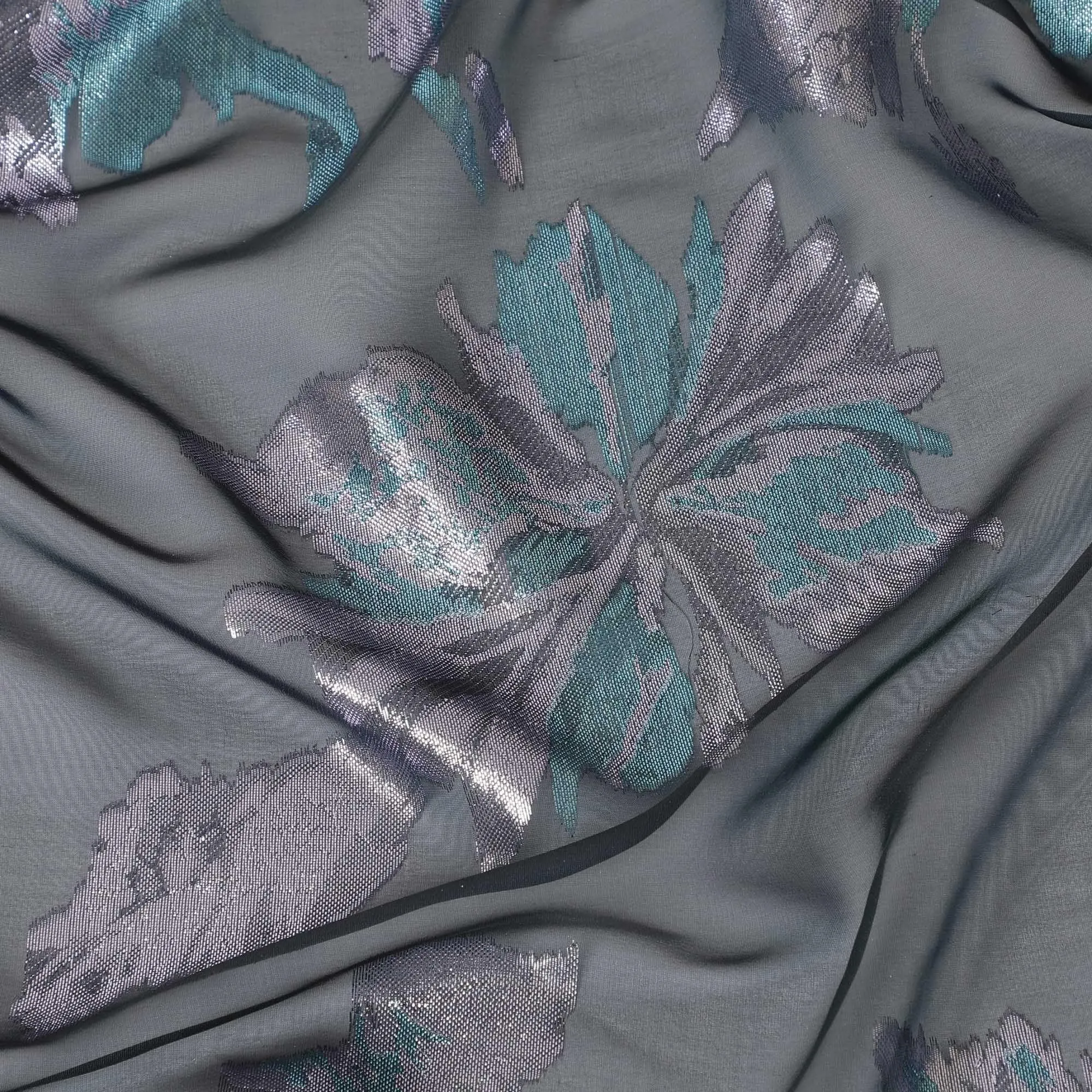 Petrol blue French silk chiffon fabric with multicolor metallic lurex in abstract design-D6488