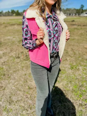 Pink Sherpa lined denim vest