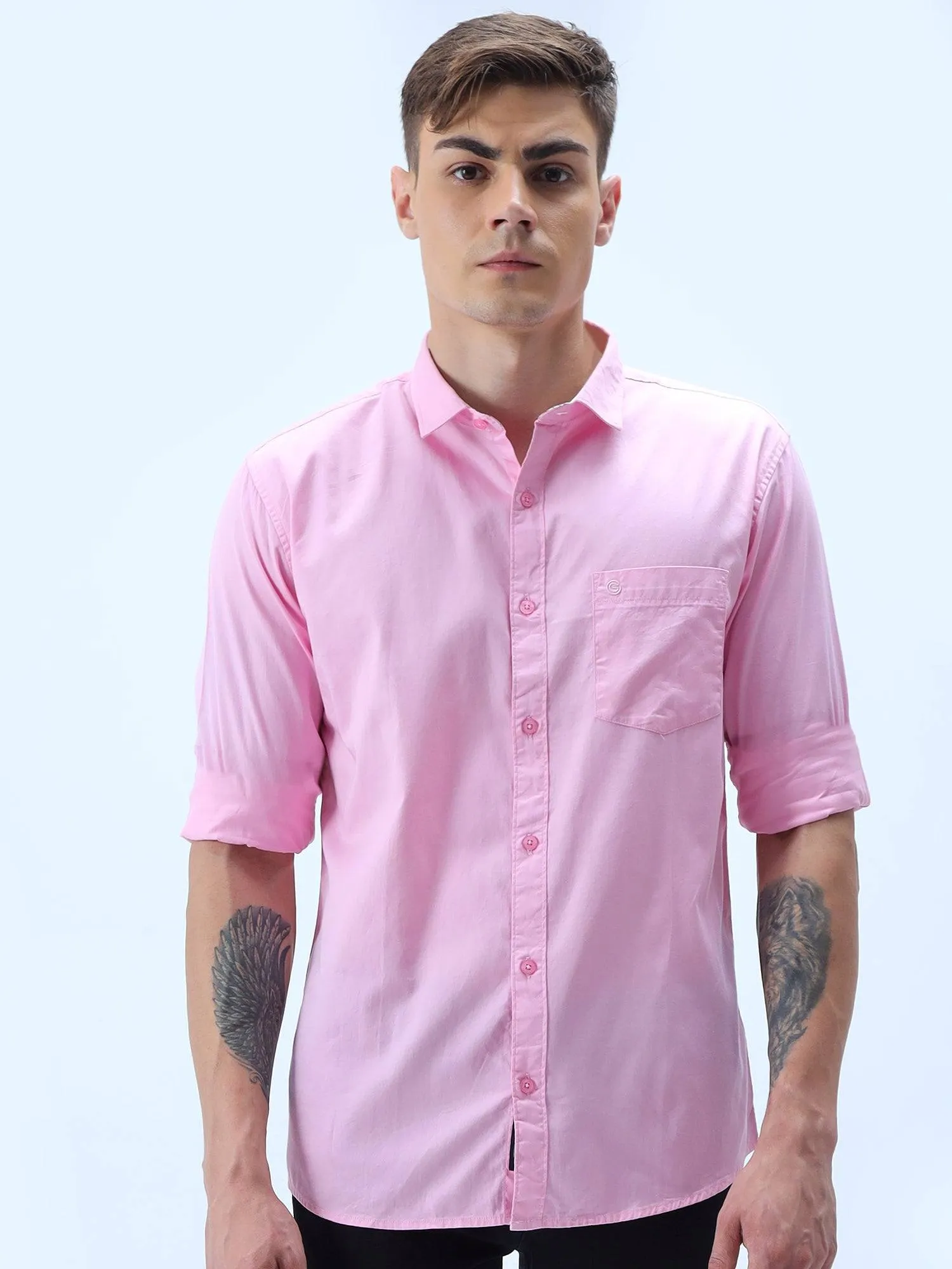 Pink Solid Cotton Full Sleeve Shirt