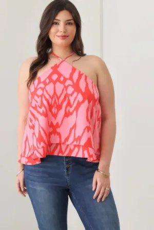 Plus Size Abstract Print Halter Ruffle Hem Top