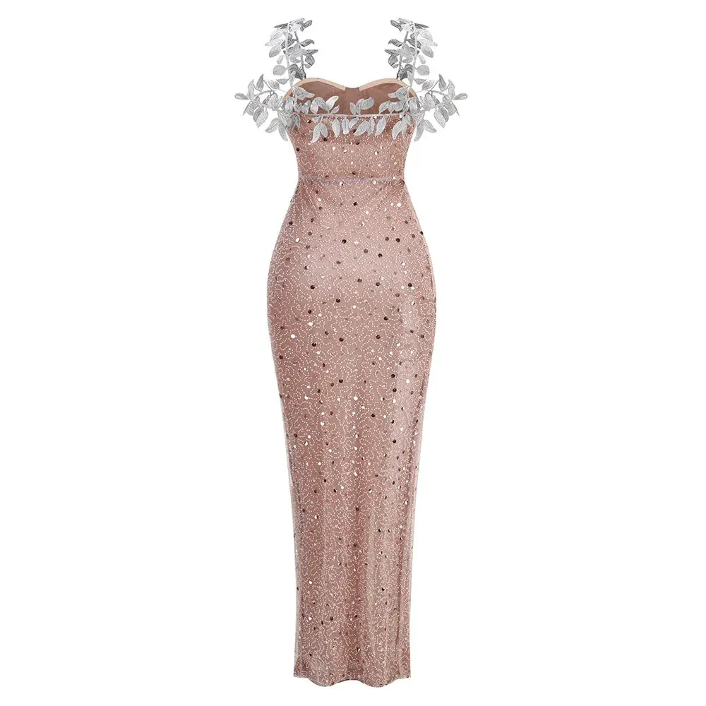 Pre Order:  Leaf Embroidery Sequin Maxi Dress