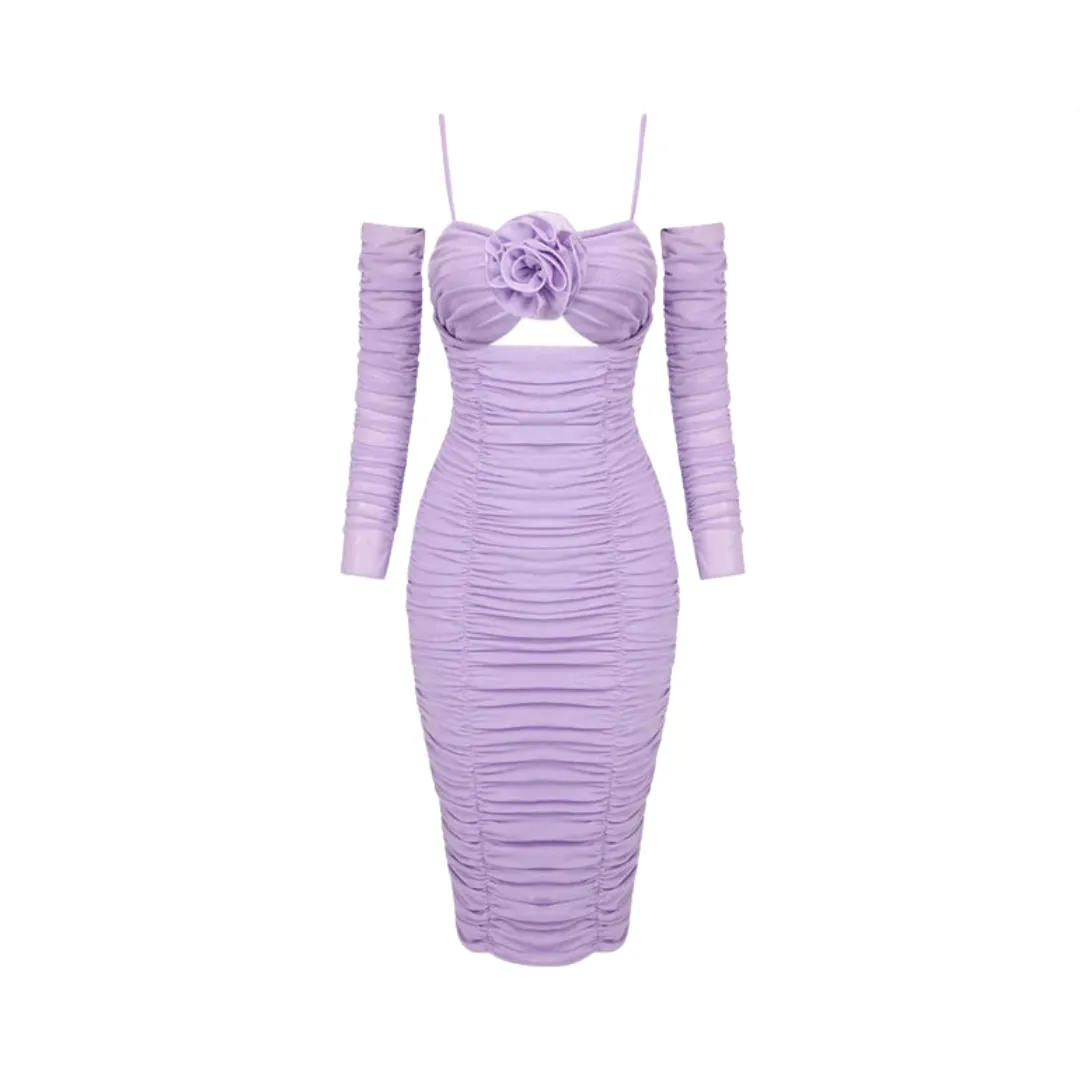 Pre Order:  Purple Long Sleeved Slim Fit Flower Mesh Dress