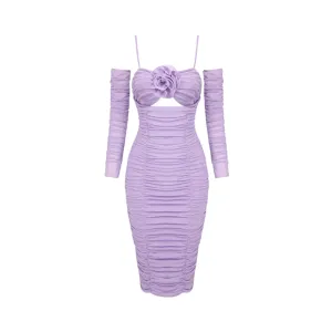 Pre Order:  Purple Long Sleeved Slim Fit Flower Mesh Dress