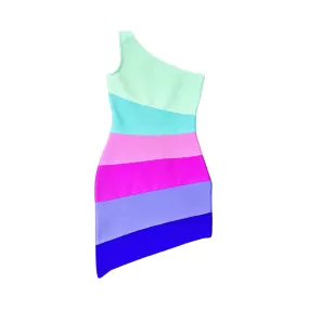 Pre Order:  Rainbow Knitted Diagonal Shoulder Slim Fit Bandage Dress