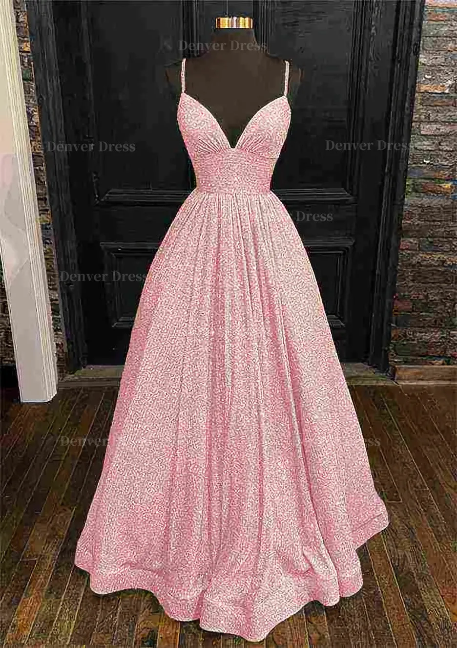 Princess A-line V Neck Spaghetti Straps Long/Floor-Length Sequined Prom Dress With Pleated