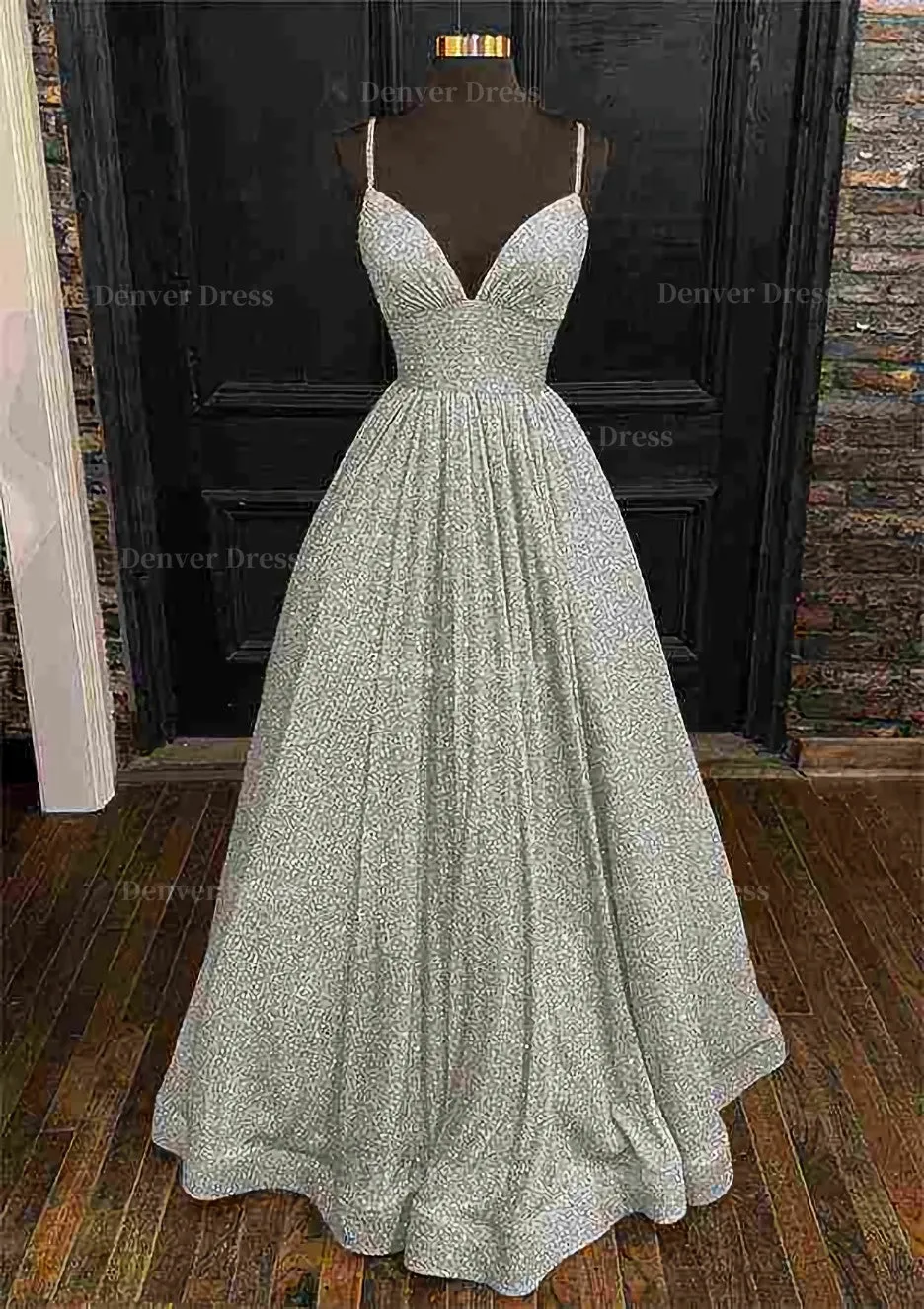 Princess A-line V Neck Spaghetti Straps Long/Floor-Length Sequined Prom Dress With Pleated