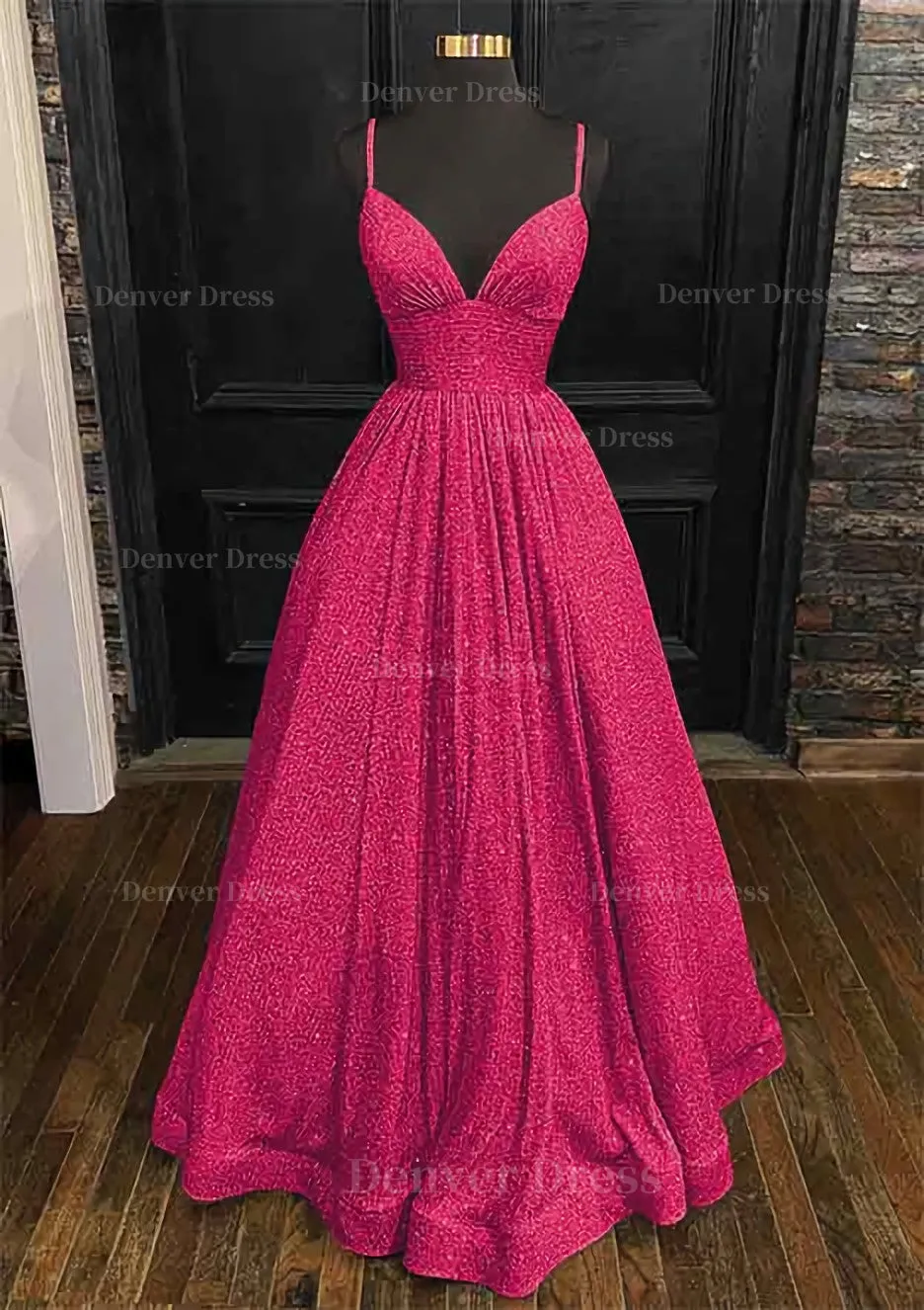 Princess A-line V Neck Spaghetti Straps Long/Floor-Length Sequined Prom Dress With Pleated