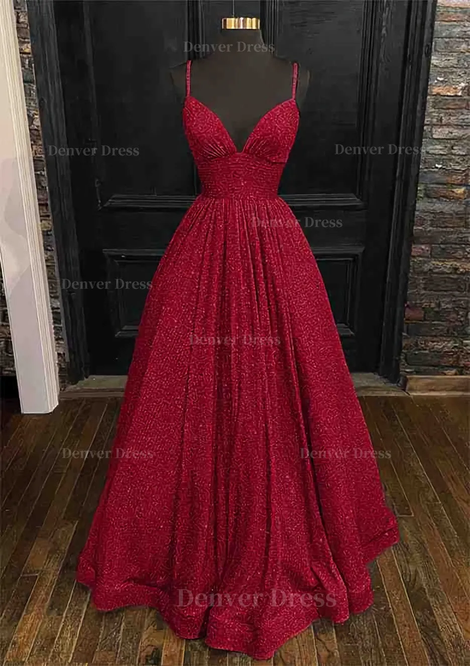 Princess A-line V Neck Spaghetti Straps Long/Floor-Length Sequined Prom Dress With Pleated