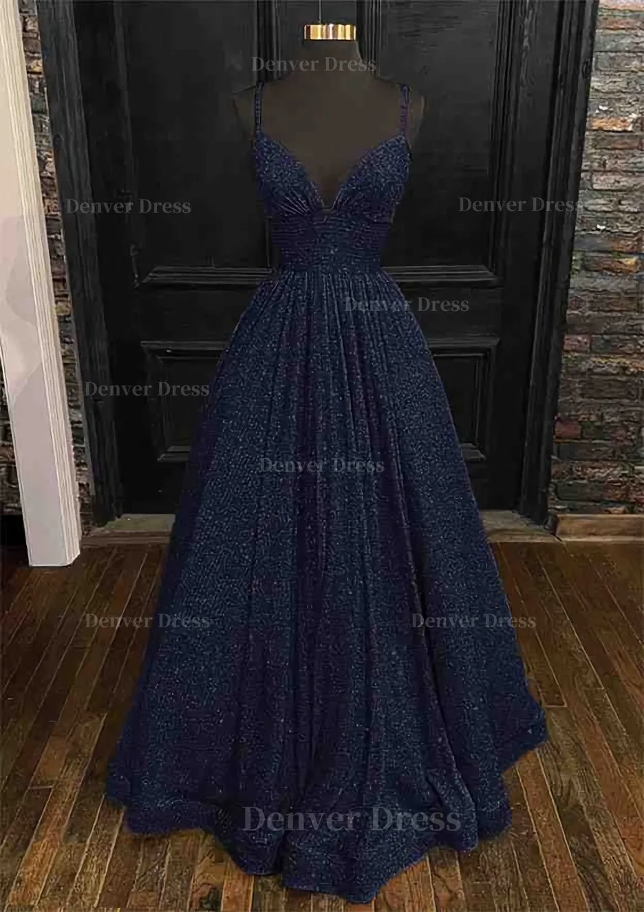 Princess A-line V Neck Spaghetti Straps Long/Floor-Length Sequined Prom Dress With Pleated