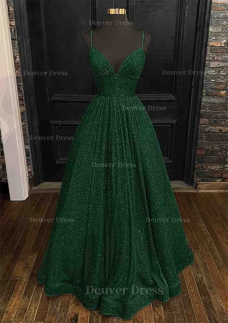 Princess A-line V Neck Spaghetti Straps Long/Floor-Length Sequined Prom Dress With Pleated