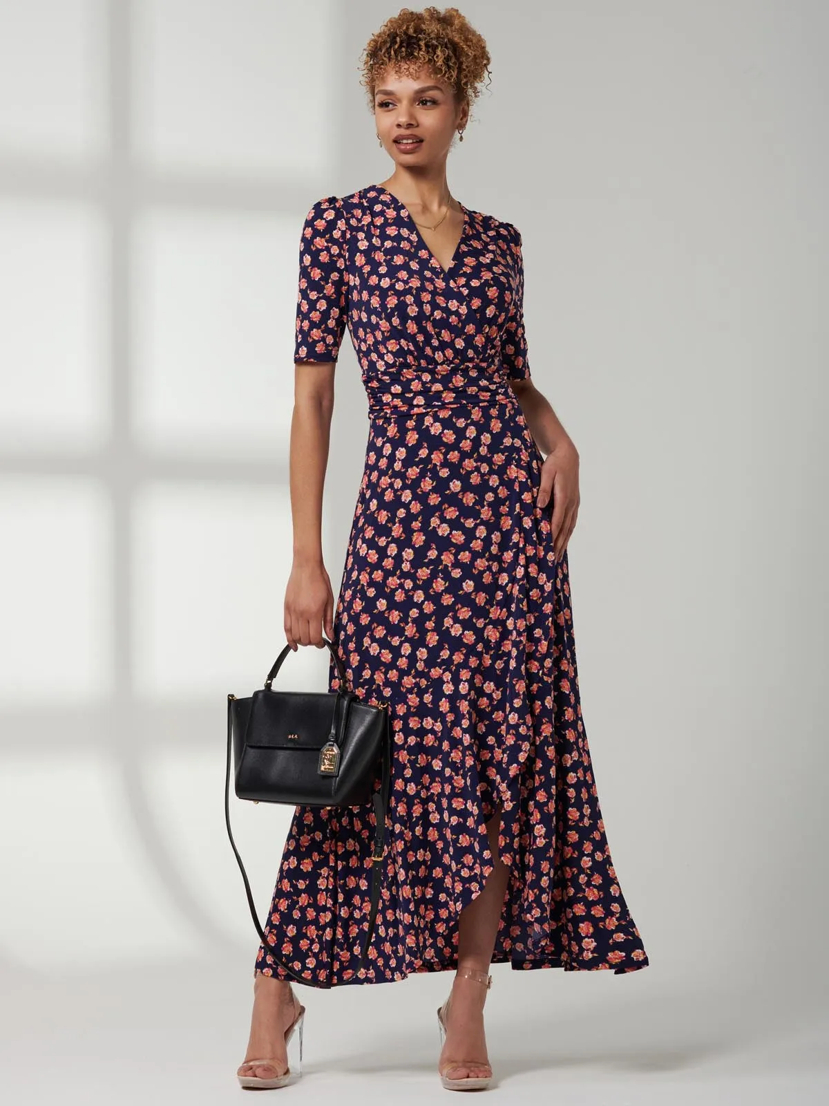 Print Viscose Frill Hem Maxi Dress, Navy Floral