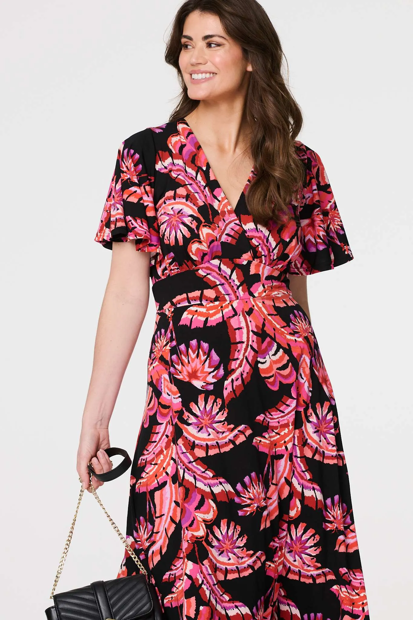 Printed Angel Sleeve Midi Dress