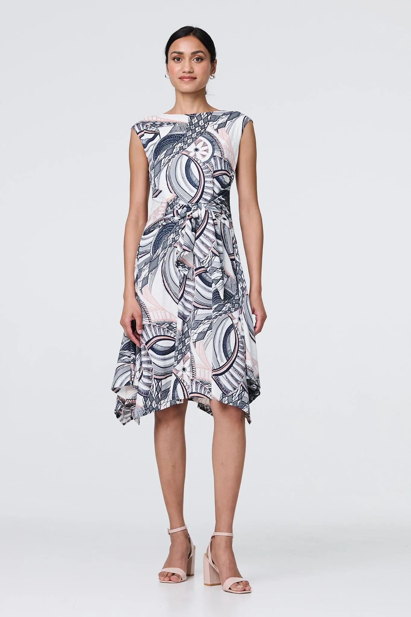 Printed Tie Front Knee Length Dress