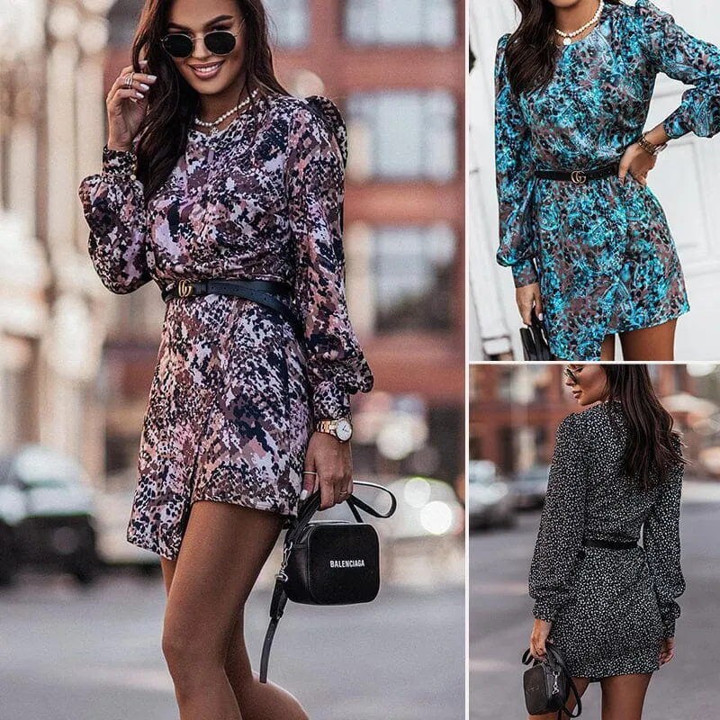 Printed Waist Long Sleeve Dress