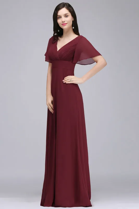 Puffy Sleeves Chiffon Aline Bridesmaid Dresses V-Neck Floor Length Formal Dress