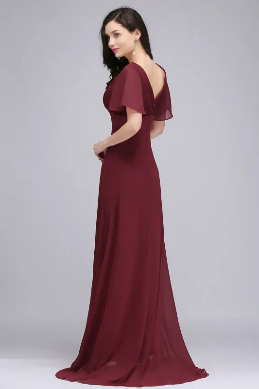 Puffy Sleeves Chiffon Aline Bridesmaid Dresses V-Neck Floor Length Formal Dress