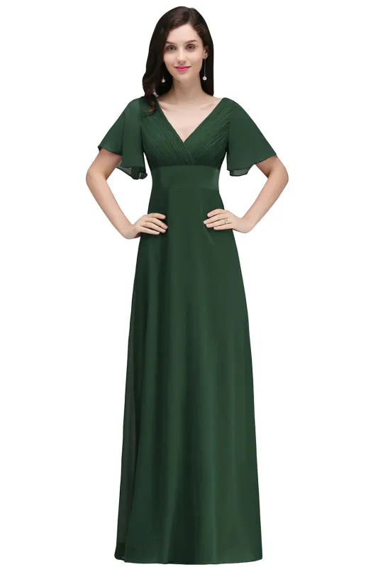 Puffy Sleeves Chiffon Aline Bridesmaid Dresses V-Neck Floor Length Formal Dress